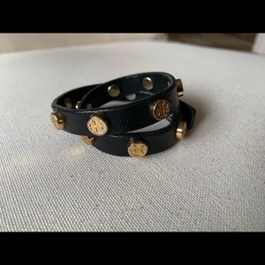 Tory Burch Black Leather Double Wrap Bracelet